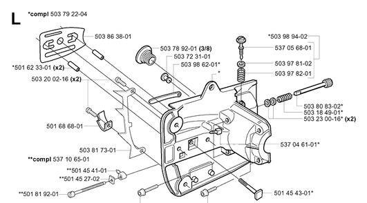 Crankcase Diagram and Parts List for 334T 20034400001-20040100000 Husqvarna Chainsaw