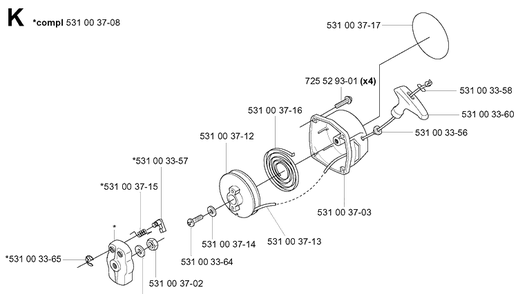 Starter Diagram and Parts List for 155B 20014000001-20041499999 Husqvarna Leaf Blower / Vacuum