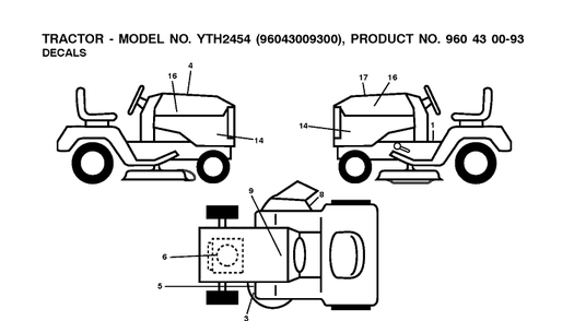 Decals Diagram and Parts List for YTH2454 (96043009300)(2009-10) Husqvarna Lawn Tractor