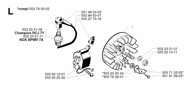 Ignition System Diagram and Parts List for 245RX 20023100001 & Above Husqvarna Trimmer