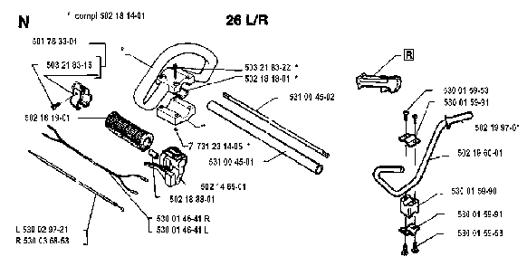 Handle And Controls Diagram and Parts List for 26L 1993-05 Husqvarna Trimmer