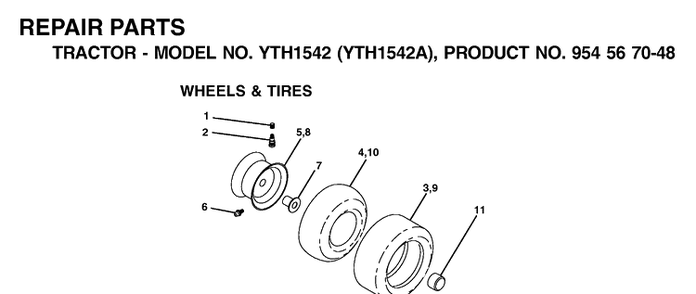 Wheels And Tires Diagram and Parts List for YTH1542 (954567048)(2000-11) Husqvarna Lawn Tractor