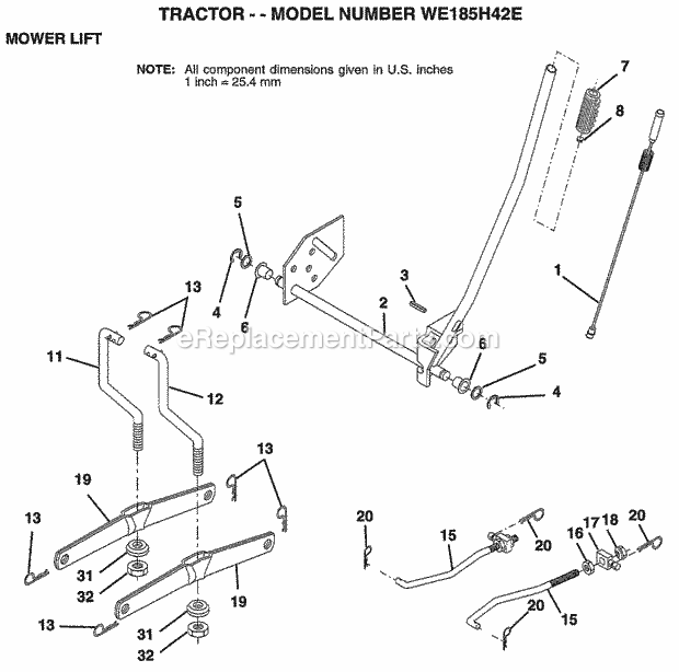 Mower Lift Diagram and Parts List for WE185H42E 1998 Husqvarna Lawn Tractor