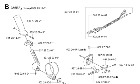 Handle And Controls 2 Diagram and Parts List for 356BF 20044000001-20144899999 Husqvarna Leaf Blower / Vacuum