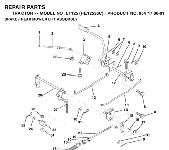 Brake / Rear Mower Lift Diagram and Parts List for LT125 (HE12536C)(1996-01) Husqvarna Lawn Tractor