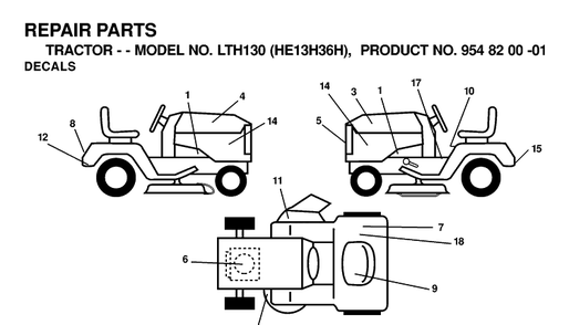 Decals Diagram and Parts List for LTH130 (HE13H36H)(2000-02) Husqvarna Lawn Tractor