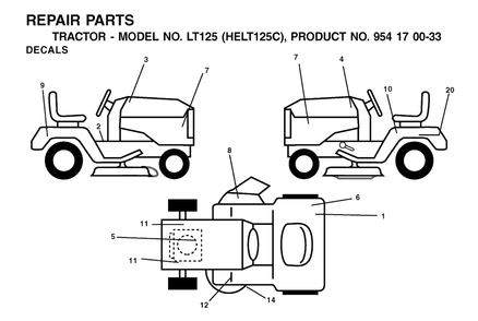 Decals Diagram and Parts List for LT125 (954170033-C)(2002-01) Husqvarna Lawn Tractor