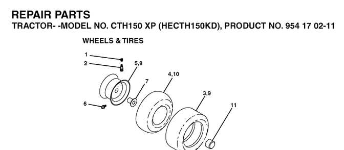Wheels And Tires Diagram and Parts List for CTH150XP (HECTH150KD)(2004-06) Husqvarna Lawn Tractor