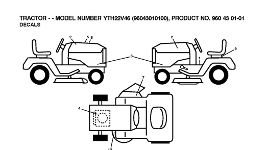 Decals Diagram and Parts List for YTH22V46 (96043010100)(2009-12) Husqvarna Lawn Tractor