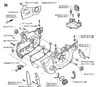 Crankcase Diagram and Parts List for 359 20010100001-20014000000 Husqvarna Chainsaw