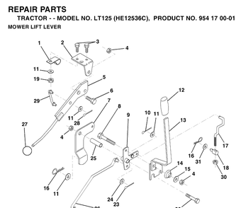 Mower Lift Lever Diagram and Parts List for LT125 (HE12536C)(1996-01) Husqvarna Lawn Tractor