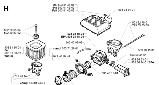 Carburetor And Air Filter Diagram and Parts List for 362XP 19994500001-20014000000 Husqvarna Chainsaw