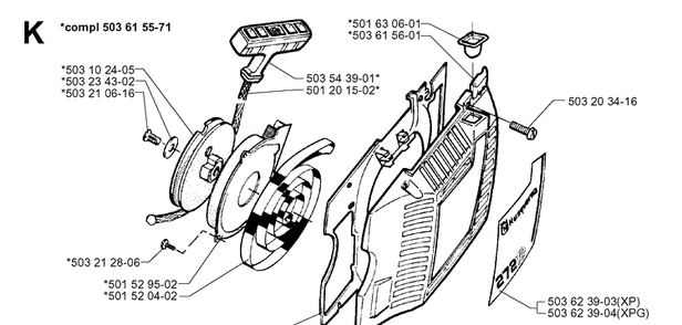 Starter Diagram and Parts List for 272XP 19970100001-19994500000 Husqvarna Chainsaw