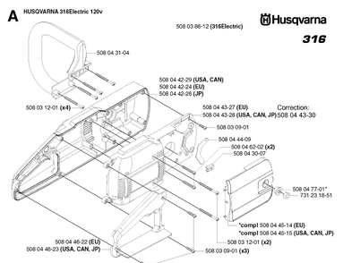 Chassis / Frame Diagram and Parts List for 316 20030100001-20033100000 Husqvarna Chainsaw