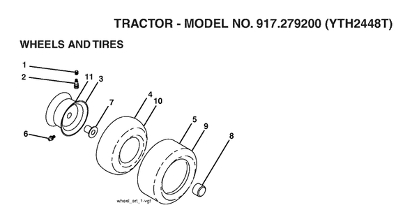 Wheels And Tires Diagram and Parts List for YTH2448T (917279200)(2006-01) Husqvarna Lawn Tractor