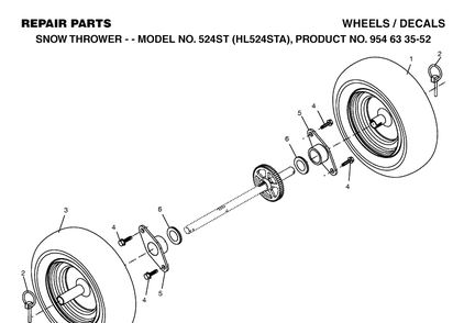 Wheels And Tires Diagram and Parts List for 524ST (HL524STA)(2004-03) Husqvarna Snow Blower