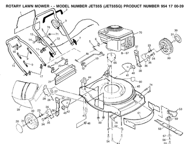 Frame And Engine Diagram and Parts List for JET55-JET55SQ 2002-01 Husqvarna Lawn Mower