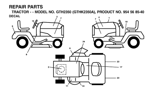 Decals Diagram and Parts List for GTH2350-GTHK2350A 2002-07 Husqvarna Lawn Tractor