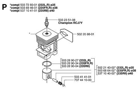Cylinder Piston Diagram and Parts List for 232R 20144900001 & Above Husqvarna Trimmer