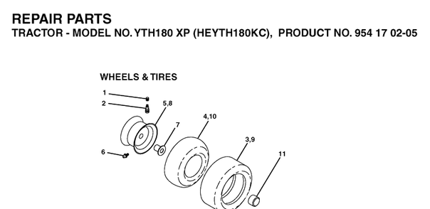Wheels And Tires Diagram and Parts List for YTH180XP (HEYTH180KC)(2004-06) Husqvarna Lawn Tractor