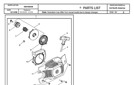 Starter Diagram and Parts List for 142 20064900001-20070100000 Husqvarna Chainsaw