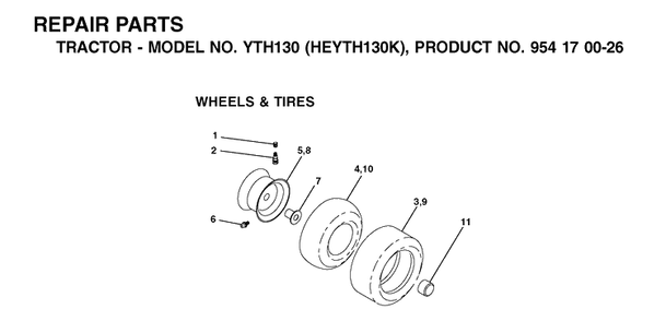 Wheels And Tires Diagram and Parts List for YTH130 (HEYTH130K)(2001-01) Husqvarna Lawn Tractor