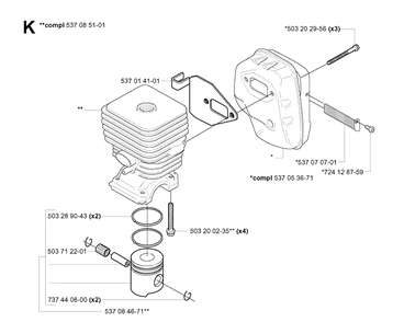 Cylinder Piston Diagram and Parts List for 326P 20013500001-20021799999 Husqvarna Pole Saw