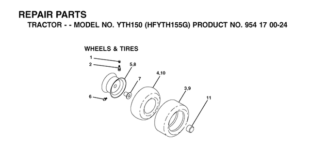 Wheels And Tires Diagram and Parts List for YTH150 (HFYTH155G)(2001-01) Husqvarna Lawn Tractor