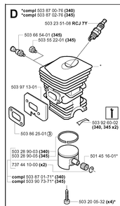 Cylinder Piston Diagram and Parts List for 340 20041000001-Current Husqvarna Chainsaw