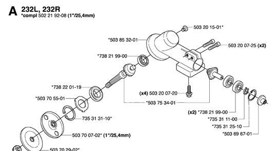Bevel Gear Diagram and Parts List for 232R 20061400001-20144900000 Husqvarna Brush Cutter
