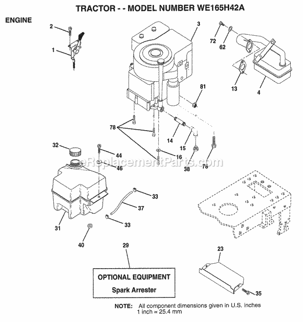 Engine Diagram and Parts List for WE165H42A 1998 Husqvarna Lawn Tractor
