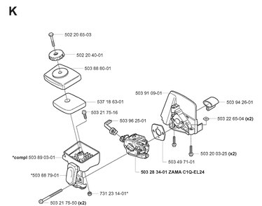 Carburetor And Air Filter Diagram and Parts List for 325CX 20051800001-20051800000 Husqvarna Edger