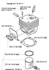 Piston / Cylinder Diagram and Parts List for 385EPA 2003-10 Husqvarna Chainsaw