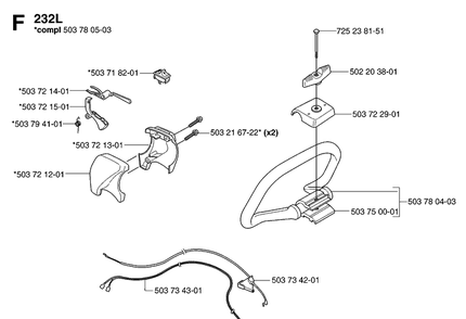 Handle And Controls Diagram and Parts List for 232R 20144900001-Current Husqvarna Brush Cutter