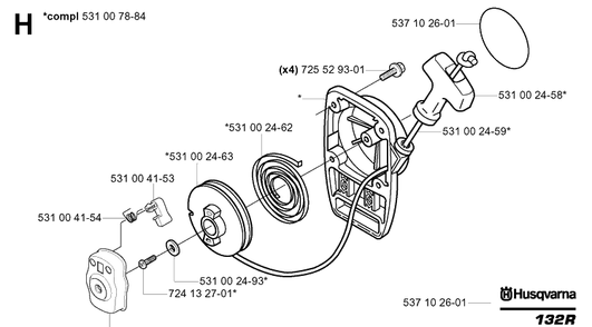 Starter Diagram and Parts List for 132R 20050100001-Current Husqvarna Brush Cutter