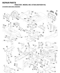 Chassis And Enclosures Diagram and Parts List for GT200 (954140011A)(1997-01) Husqvarna Lawn Tractor