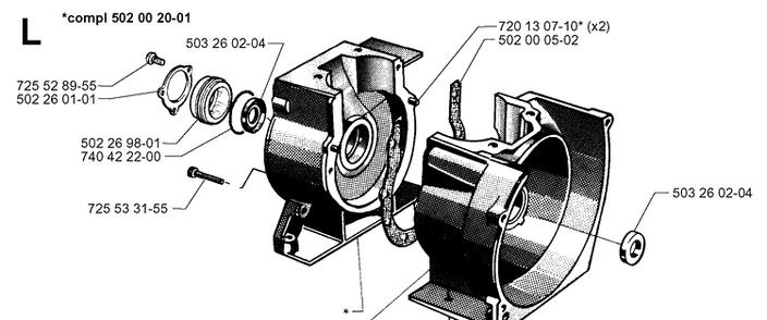 Crankcase Diagram and Parts List for 265RX 19991000001-20012600000 Husqvarna Brush Cutter