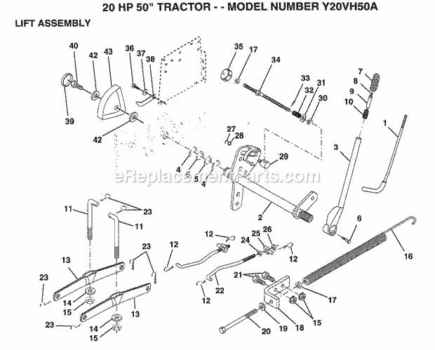 20 Hp 50" Lift Assembly Diagram and Parts List for Y20VH50A 1994 Husqvarna Lawn Tractor