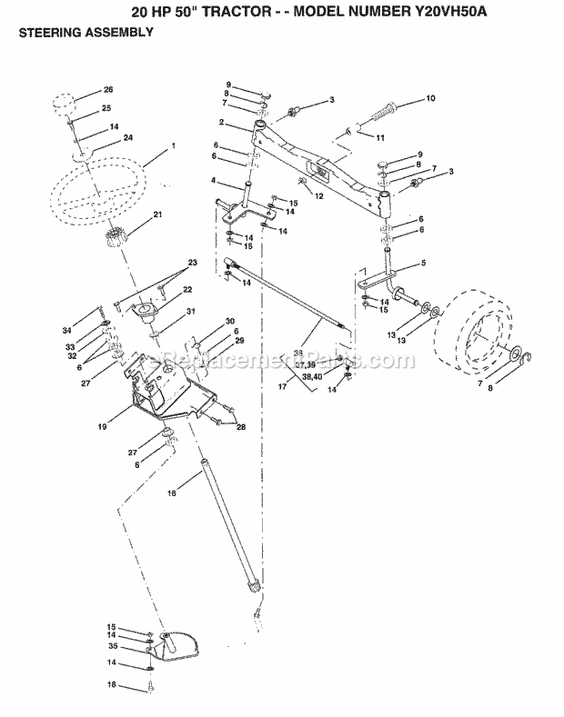 20 Hp 50" Steering Assembly Diagram and Parts List for Y20VH50A 1994 Husqvarna Lawn Tractor