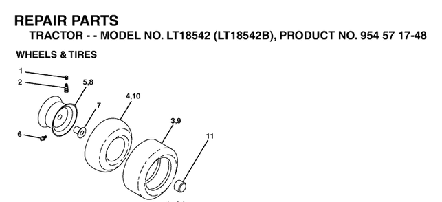 Wheels And Tires Diagram and Parts List for LT18542-LT18542B 2004-02 Husqvarna Lawn Tractor