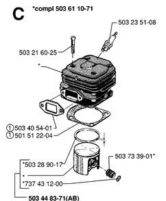 Cylinder Piston Diagram and Parts List for 268 19970100001-19994500000 Husqvarna Chainsaw
