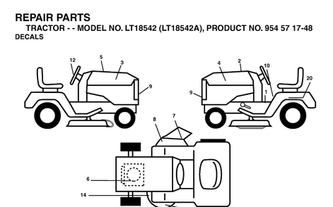 Decals Diagram and Parts List for LT18542-LT18542A 2003-11 Husqvarna Lawn Tractor