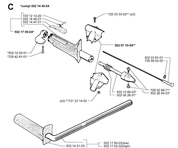 Handle And Controls Diagram and Parts List for 265RX 19991000001-20012600000 Husqvarna Brush Cutter