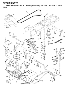 Drive Diagram and Parts List for YT150 (954170037-H)(2001-09) Husqvarna Lawn Tractor