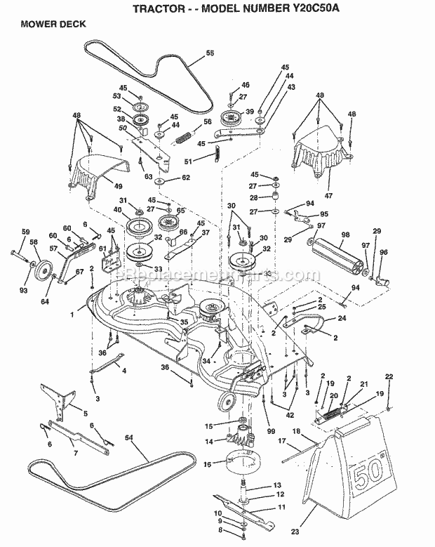 Mower Deck Diagram and Parts List for Y20C50A 1995 Husqvarna Lawn Tractor