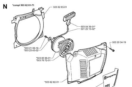 Starter Diagram and Parts List for 371XP 19963500001-19974900000 Husqvarna Chainsaw