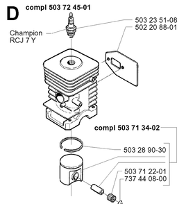 Cylinder Piston Diagram and Parts List for 225R 19962200001-19970500000 Husqvarna Brush Cutter