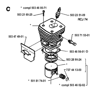 Cylinder Piston Diagram and Parts List for 394XP 19940100001-19960100000 Husqvarna Chainsaw