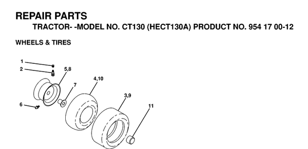 Wheels And Tires Diagram and Parts List for CT130 (HECT130A)(1999-03) Husqvarna Lawn Tractor