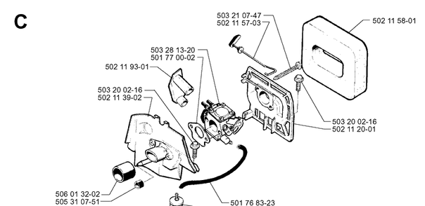 Carburetor And Air Filter Diagram and Parts List for 245R 19962200001-19984000000 Husqvarna Brush Cutter